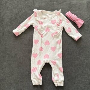 Cat & Jack Baby Girl Heart Print Ribbed Ruffle Romper + Headband Set 3-6 Months